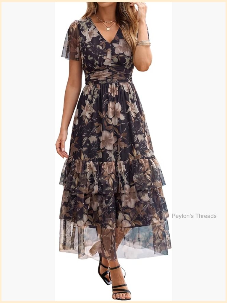 Floral Maxi Dress V-Neck Short Sleeve Boho Flowy Tiered Ruffle Mesh Wedding